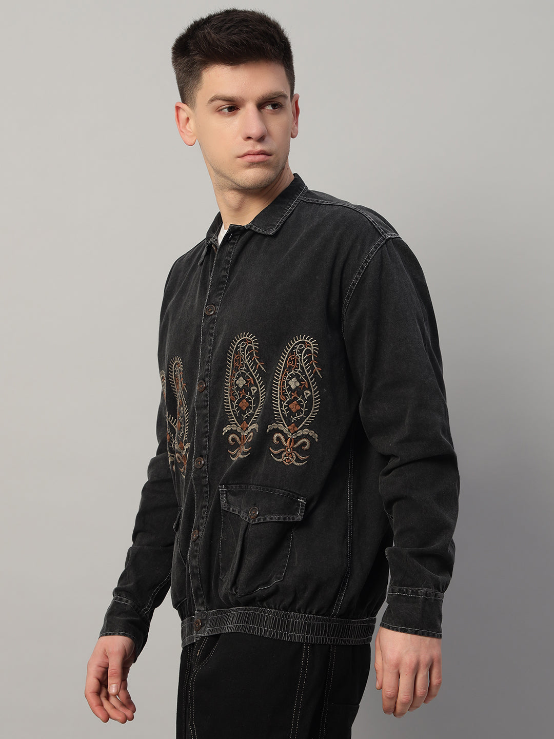 Casual Slim Fit Black Embroidered Jacket