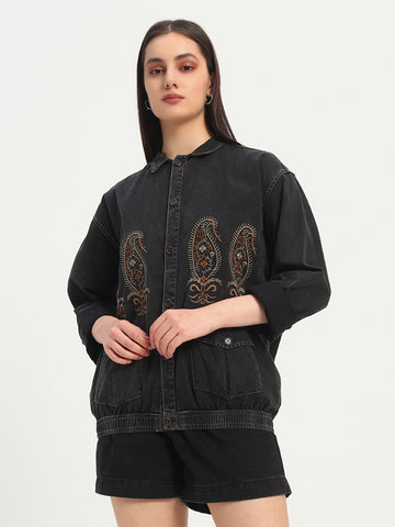 Casual Slim Fit Black Embroidered Jacket