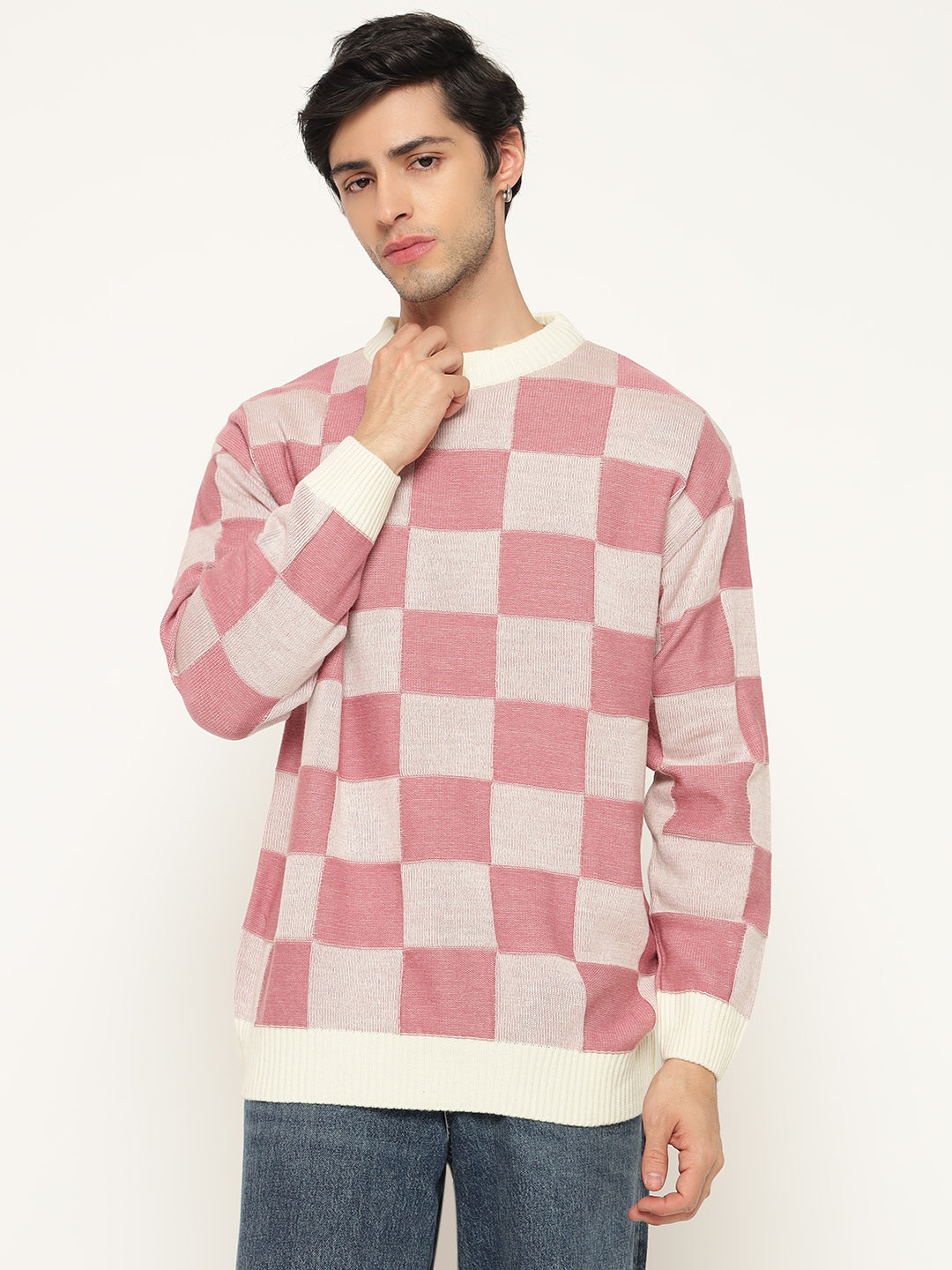 Regular Fit Pink Checks Sweatshirts