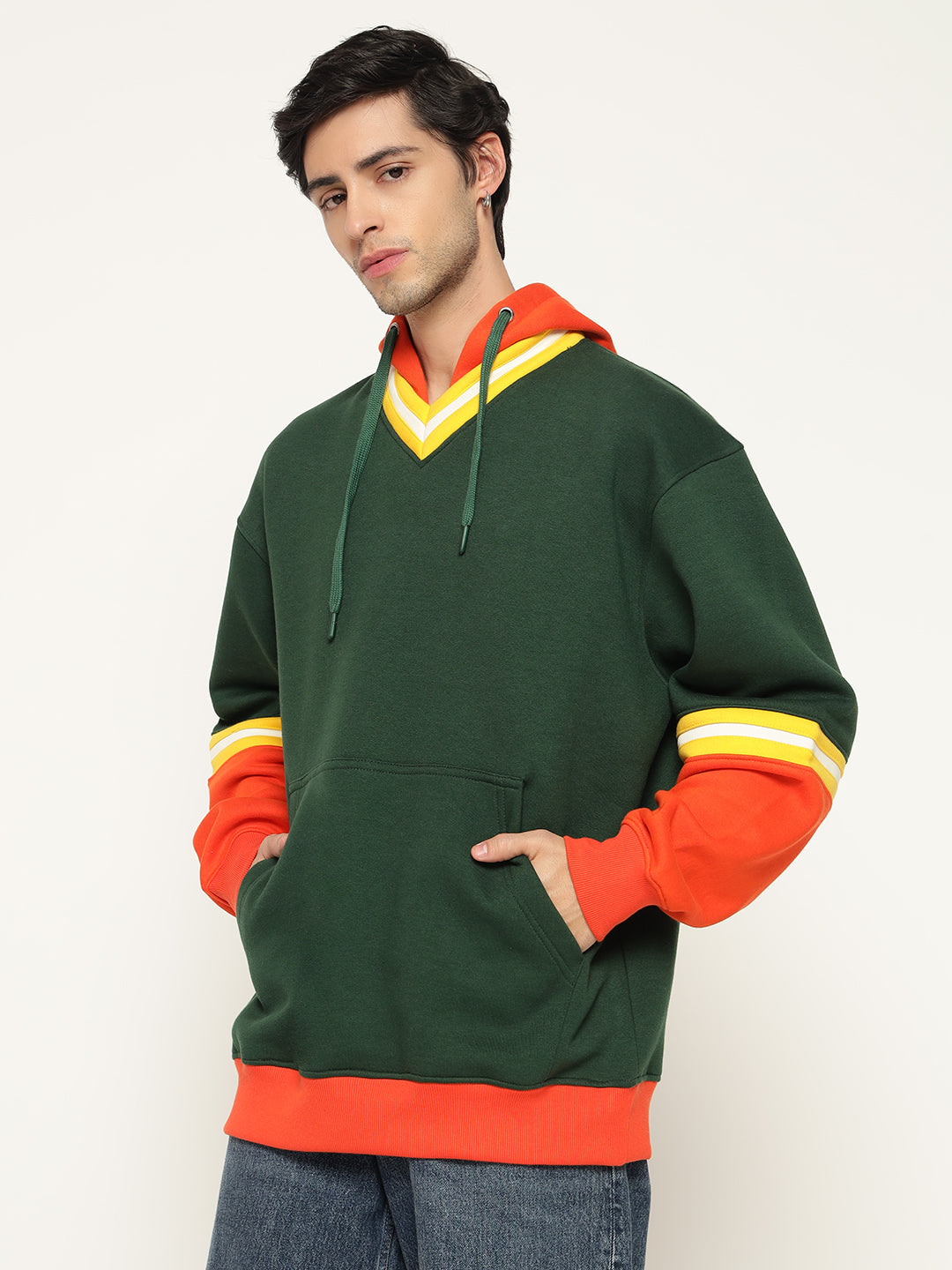 Dark Green Orange Casual Fit Hoodies