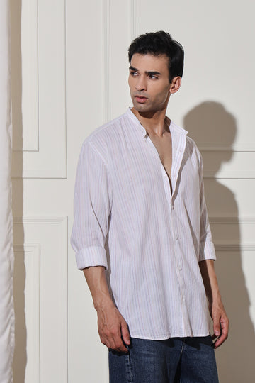 White Stripe Men's Shirt - 100% Cotton, Apple Cut, Stand Collar