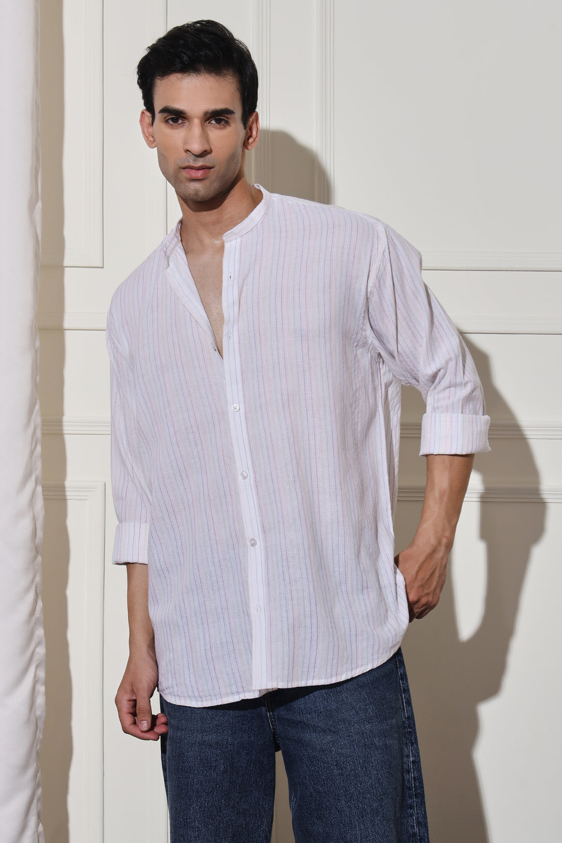 White Kantha Stripe Men's Shirt - 100% Cotton, Apple Cut, Stand Collar