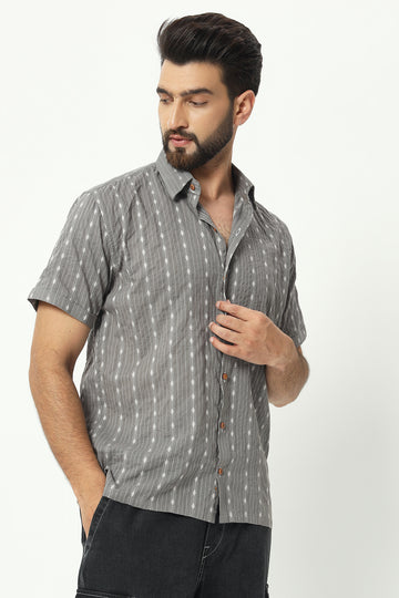 Grey Kantha Stripe Men's Shirt - 100% Cotton Spread Collar Shirt