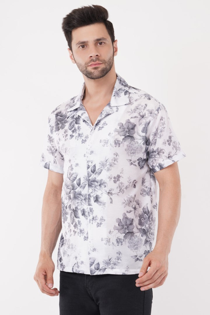 Men's White & Grey Half Sleeve Cuban Collar Leaf Printed Summer Shirts by ColourJoyLondon Available in 11 Designs