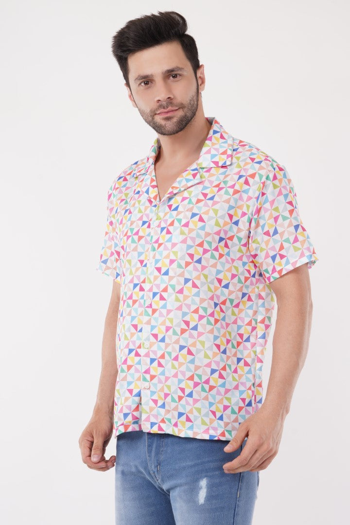 Multi Colored Geometric Half Sleeve Cuban Collar Printed Summer Men's Shirts by ColourJoyLondon Available in 11 Designs